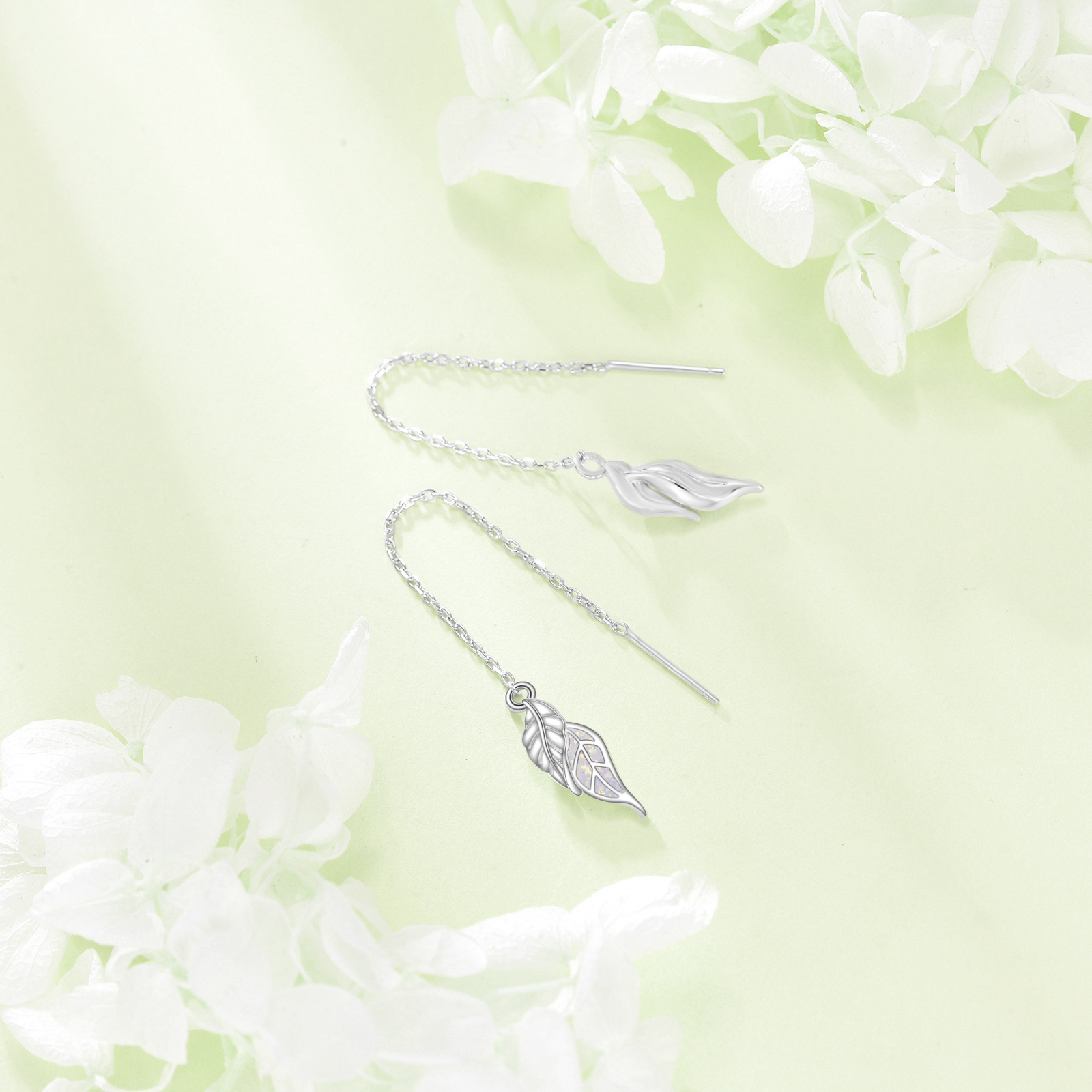 Synthetic Opal Leaf Chain Threader Earrings, Gift for Women